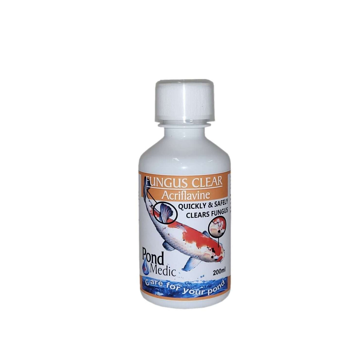 Pond Medic Fungus Clear 200ml bottle for treating fish fungus and bacteria in ornamental ponds.