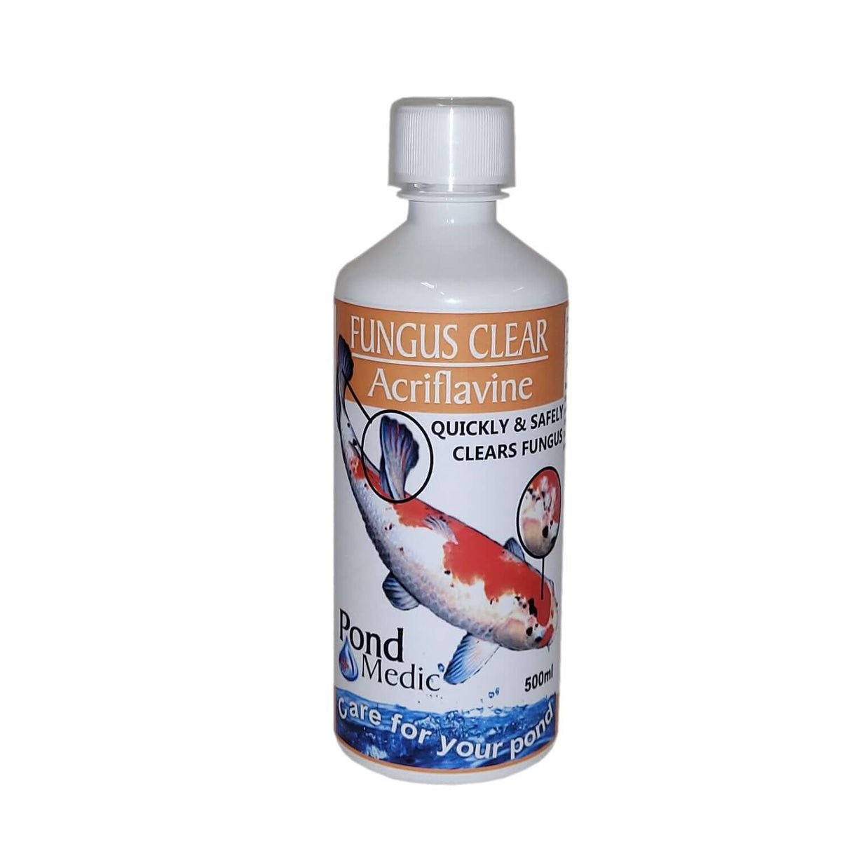 Pond Medic Fungus Clear bottle for treating fish fungus and bacteria, 500ml, featuring healthy koi image.