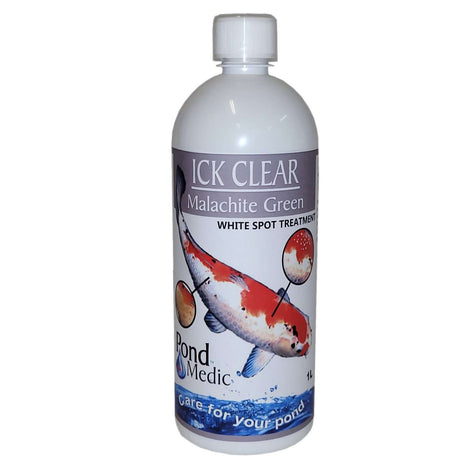 Pond Medic Ick Clear treatment bottle for whitespot and protozoan parasites in ornamental fish.