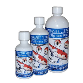 Pond Medic Parasite Clear bottles for treating fish parasites and fungal infections in ponds.