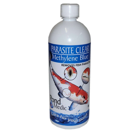 Pond Medic Parasite Clear Methylene Blue bottle effective against fish parasites and fungal infections in ponds.