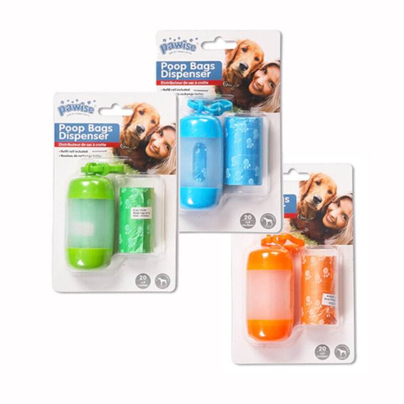 Poop bag dispenser with 20 refill bags in green, blue, and orange, ideal for pet owners. Easy to attach to belts or pants.