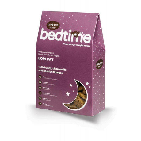 Probono Bedtime Dog Biscuits package, featuring low fat treats with honey, chamomile, and passion flowers for better sleep.