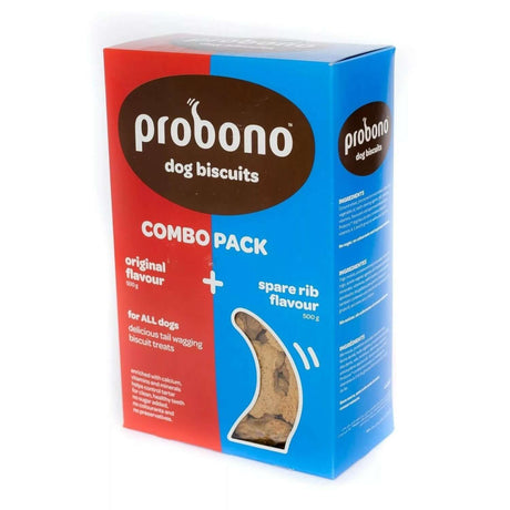 Probono Combo Pack Dog Biscuits 1kg featuring Original and Spare Rib flavors in a colorful box for all dogs.
