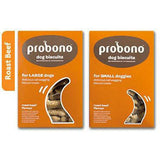 Probono dog biscuits packaging for large and small dogs, featuring roast beef flavor. Delicious, crunchy treats for all breeds.
