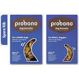 Probono dog biscuits packaging for large and small dogs in spare rib flavor, enriched with vitamins for dental health.