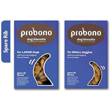 Probono dog biscuits packaging for large and small dogs in spare rib flavor, enriched with vitamins for dental health.
