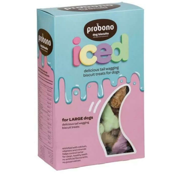 Probono Iced Dog Biscuits 1kg box with colorful packaging, designed as tasty treats for large dogs.