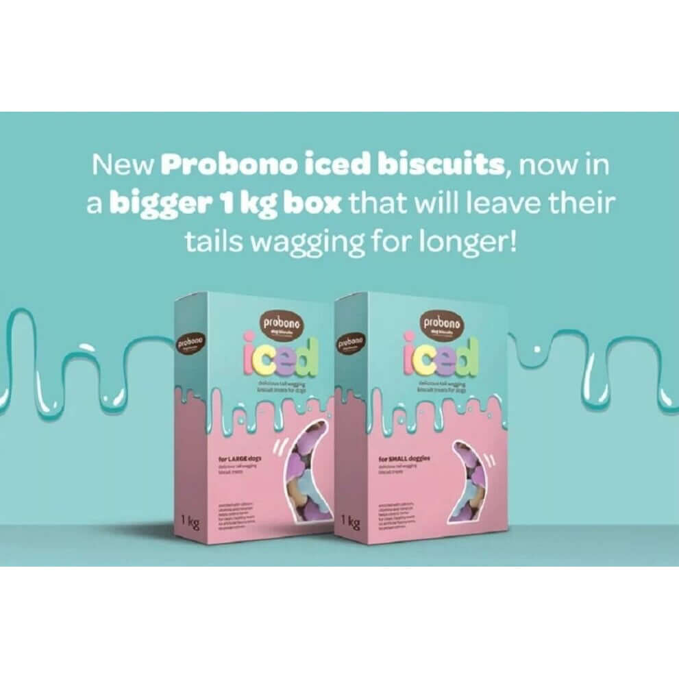 Probono Iced Dog Biscuits 1kg packaging, featuring new design and benefits for longer tail-wagging joy.