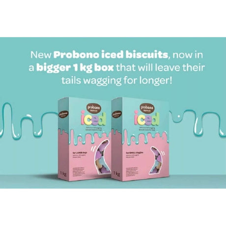 Probono Iced Dog Biscuits 1kg packaging, featuring new design and benefits for longer tail-wagging joy.