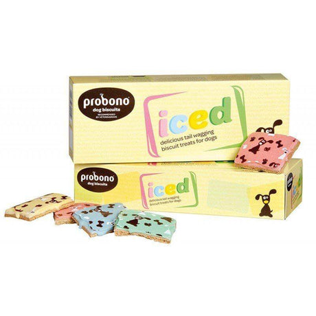 Probono iced dog biscuits packaging with colorful treats, perfect for a delicious and healthy reward for dogs.