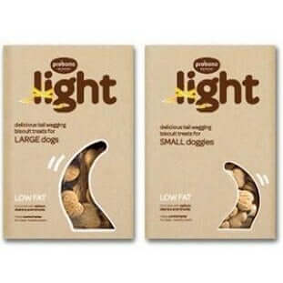 Probono light dog biscuits packaging for large and small dogs, low fat, healthy treats for all breeds.