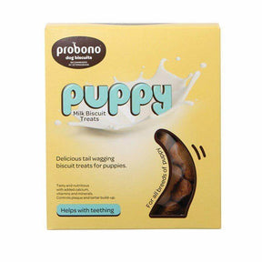 Probono Puppy Milk Biscuit Treats packaging, featuring nutritious, crunchy snacks for teething puppies. Ideal for all breeds.