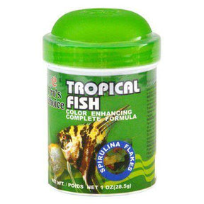 Pro's Choice Tropical Fish Spirulina Flakes 28.5g jar for color enhancement and high digestibility in fish diets.
