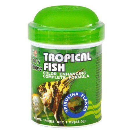 Pro's Choice Tropical Fish Spirulina Flakes 28.5g jar for color enhancement and high digestibility in fish diets.