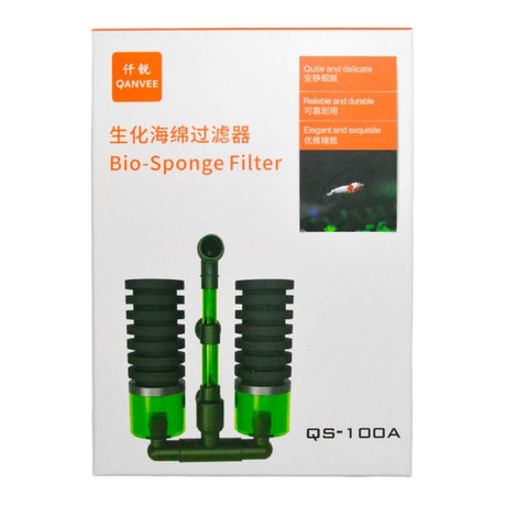 Qanvee Bio Sponge Filter packaging showcasing efficient filtration for a healthier aquarium environment.