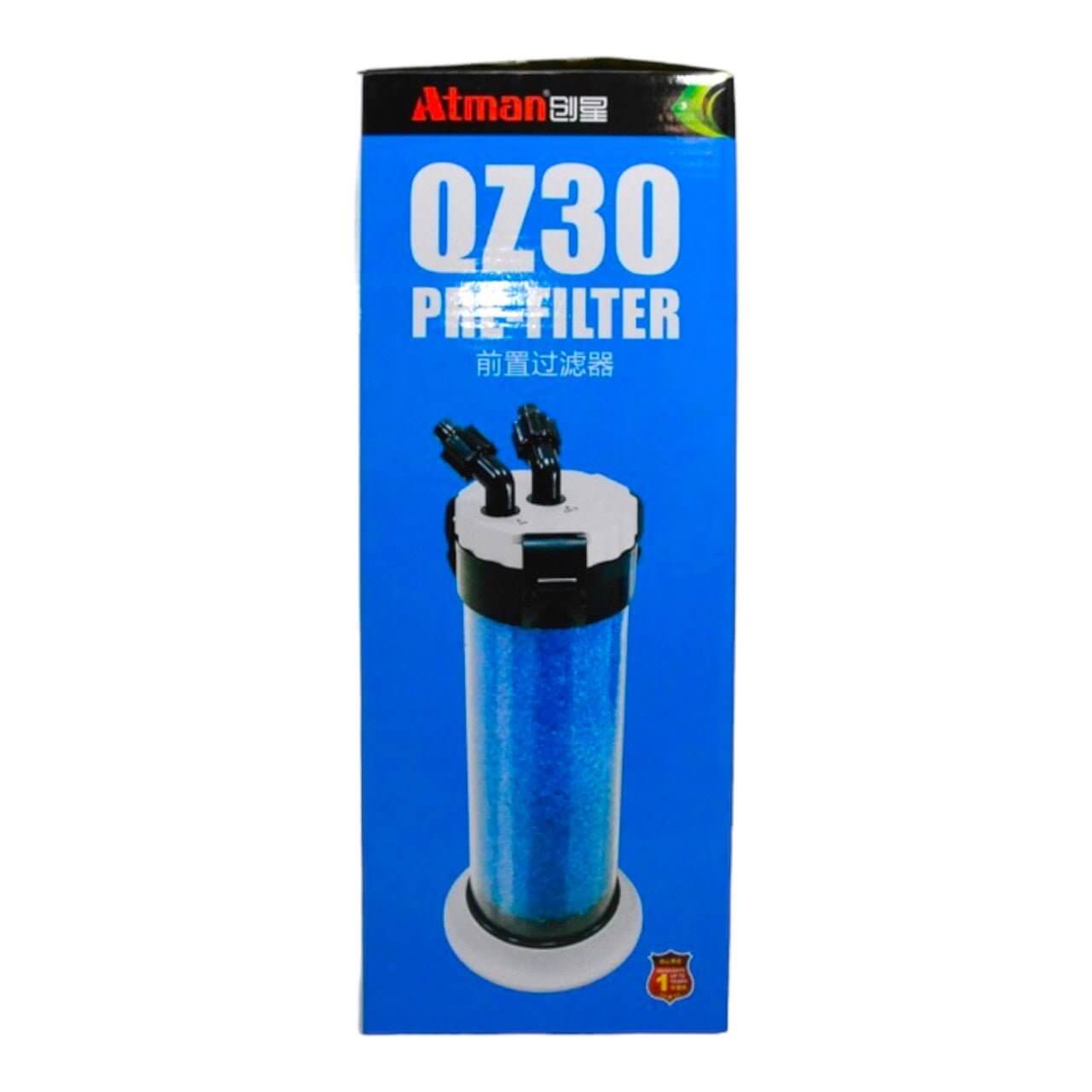 QZ-30 Pre Filter for Canisters, featuring blue filtration element and dual hose connections on packaging.