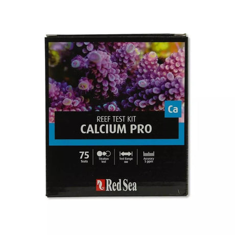 Red Sea Calcium Pro Reef Test Kit packaging, advanced titration test, measures calcium in reef aquariums, 75 tests included.
