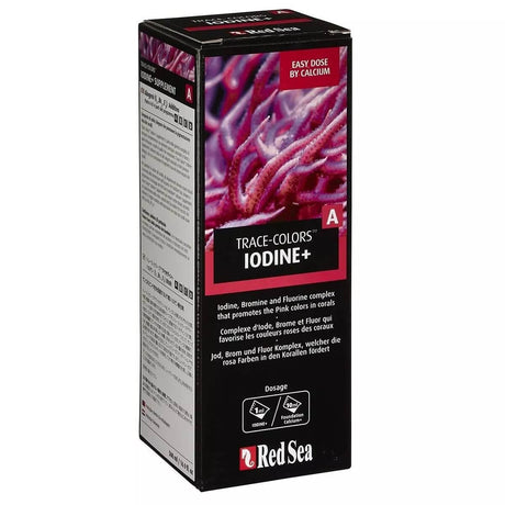 Red Sea Coral Colors A Iodine 500ml packaging featuring halogens for coral health and color enhancement.