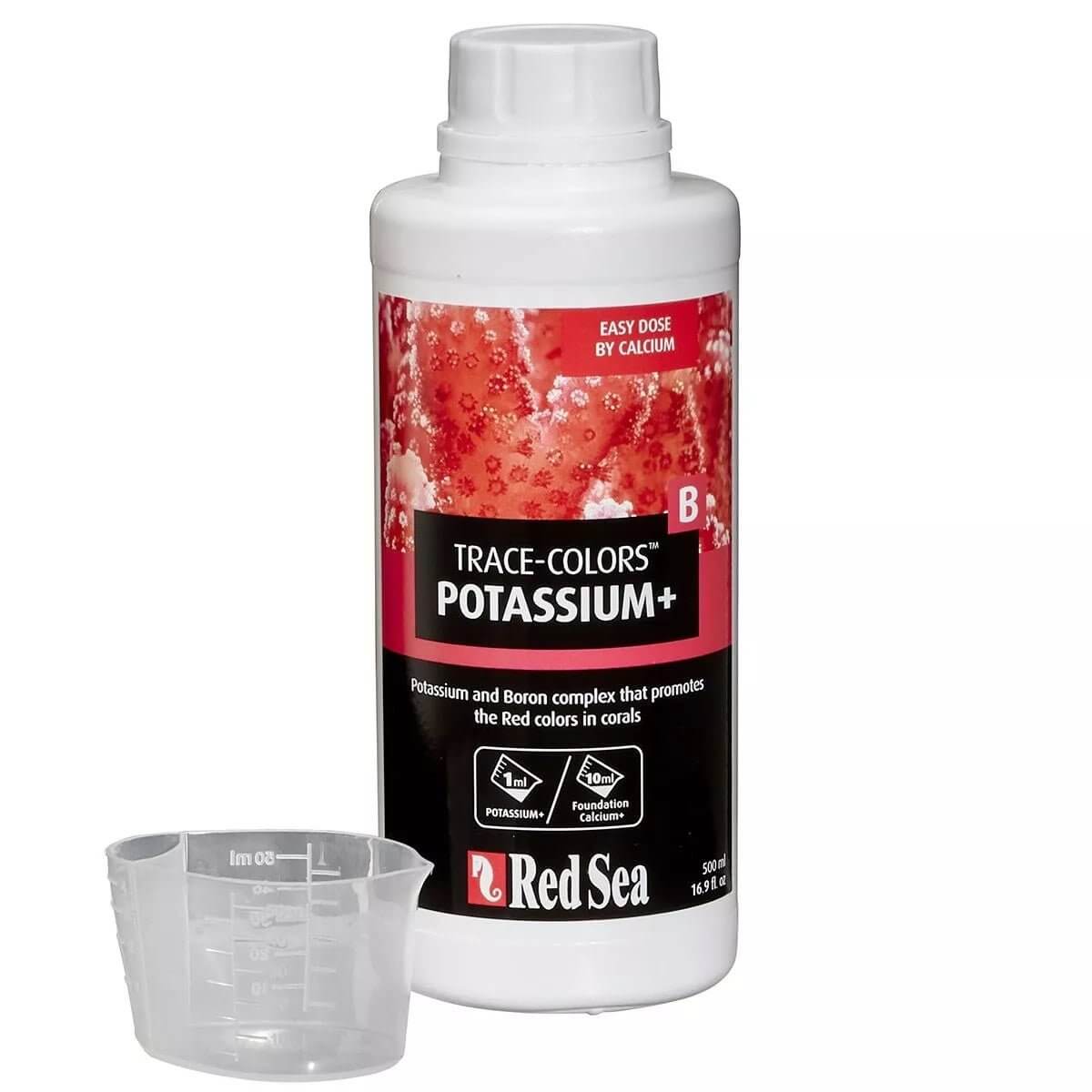 Red Sea Coral Colors B Potassium 500ml bottle with dosage cup promoting coral nutrient health.