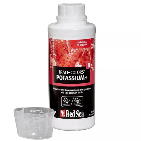 Red Sea Coral Colors B Potassium 500ml bottle with dosage cup promoting coral nutrient health.