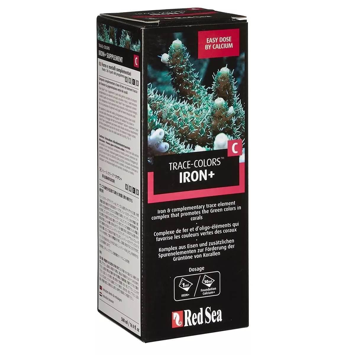 Red Sea Coral Colors C Iron 500ml product box featuring trace-element complex for enhancing coral coloration.