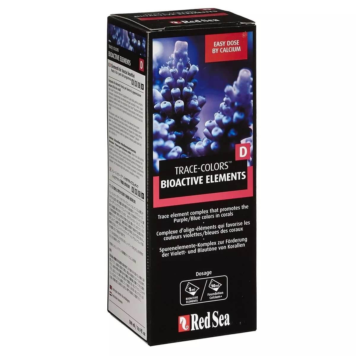 Red Sea Coral Colors D 500ml box featuring bioactive elements for enhancing coral color and health. Easy dosing instructions included.