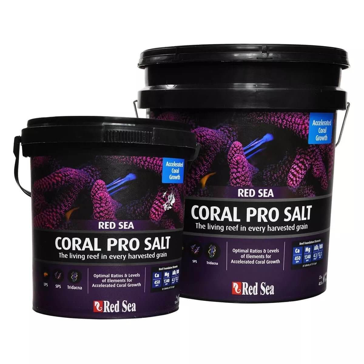 Red Sea Coral Pro Salt buckets designed for optimal coral growth in marine aquariums with reverse osmosis water.