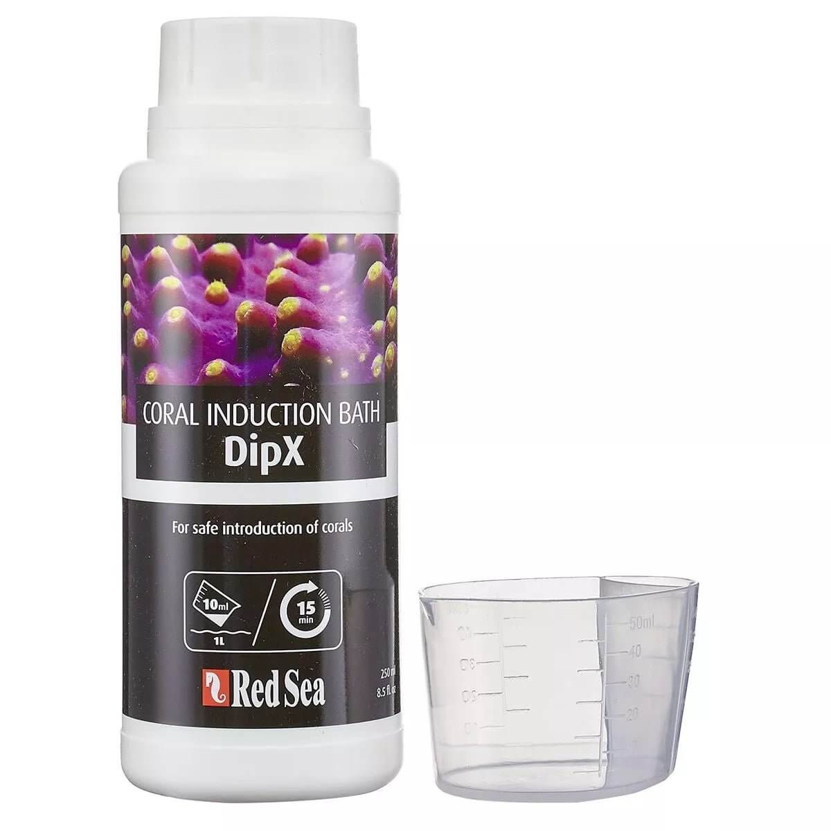 Red Sea DipX Coral Bath 250ml bottle with measuring cup for safe coral introduction in aquariums.