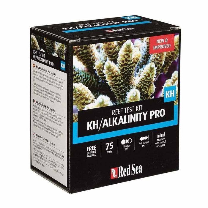 Red Sea KH Alkalinity Pro Reef Test Kit packaging featuring coral imagery, labeled with "NEW & IMPROVED" and details about 75 tests.