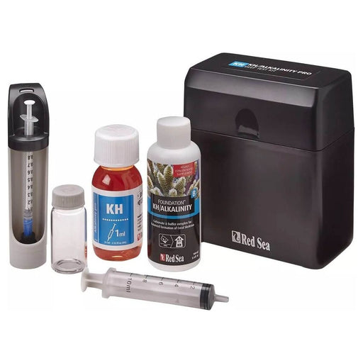 Red Sea KH Alkalinity Pro Reef Test Kit components including syringes and reagent bottles for accurate titration testing.