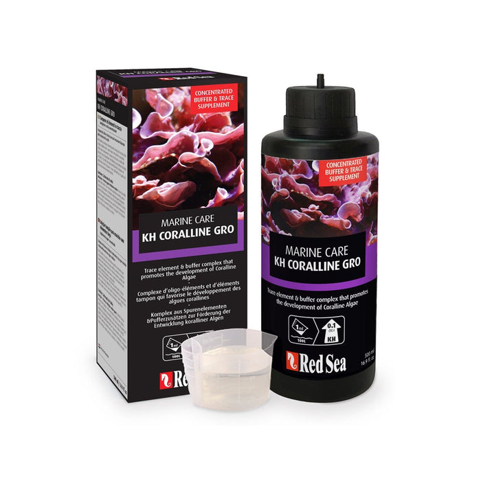 Red Sea KH Coralline Gro bottle and packaging for marine aquariums, promoting coralline algae growth and health.