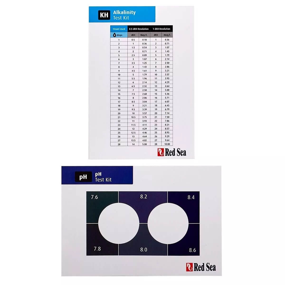 Red Sea Marine Care Test Kit showing Alkalinity and pH test color charts for accurate marine aquarium monitoring.