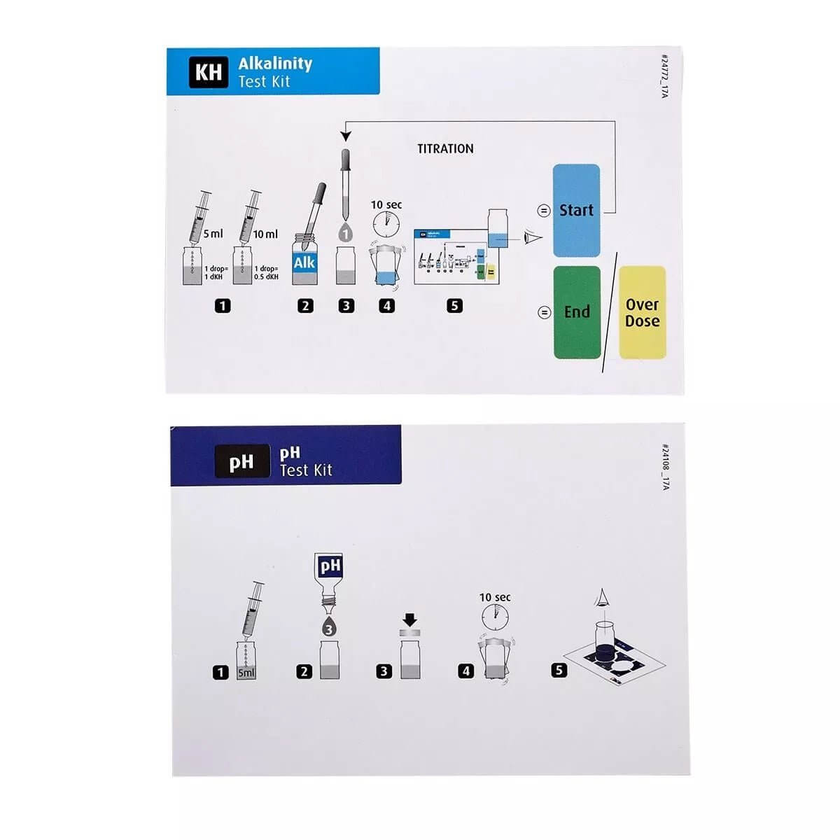 Instructions for Red Sea Alkalinity and pH Test Kits, detailing usage and titration process for marine aquariums.
