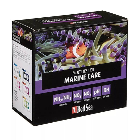 Red Sea Marine Care Test Kit box for pH, NO2, NH4, NO3, and alkalinity monitoring in marine aquariums.