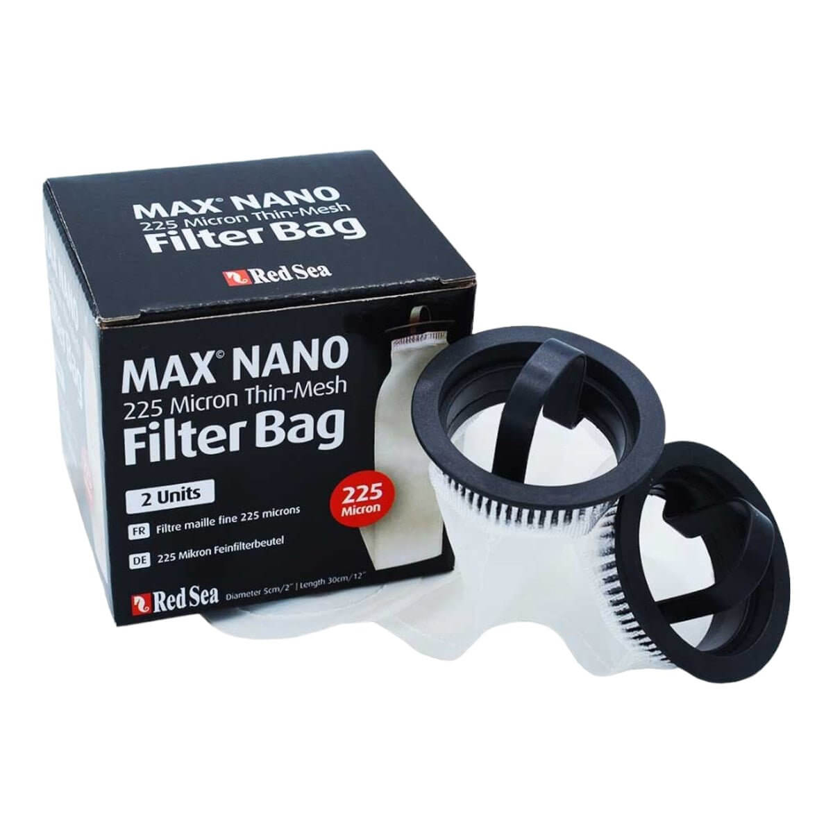 Red Sea Max Nano Replacement Filter Socks with packaging showing 225 micron thin-mesh filter bags, 2 units included.