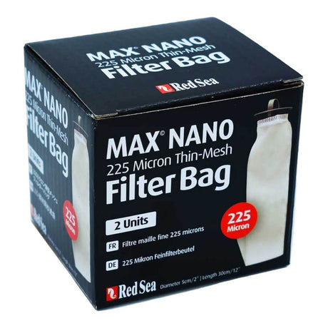Red Sea Max Nano Replacement Filter Socks box featuring 2 units, 225 Micron Thin-Mesh for aquariums.