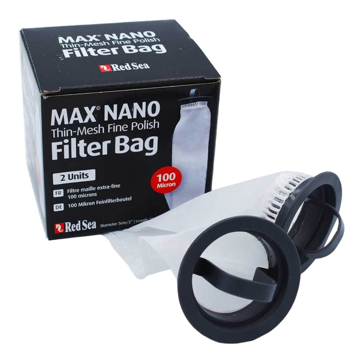 Red Sea Max Nano replacement filter socks in packaging, including two 100-micron fine mesh units for aquariums.