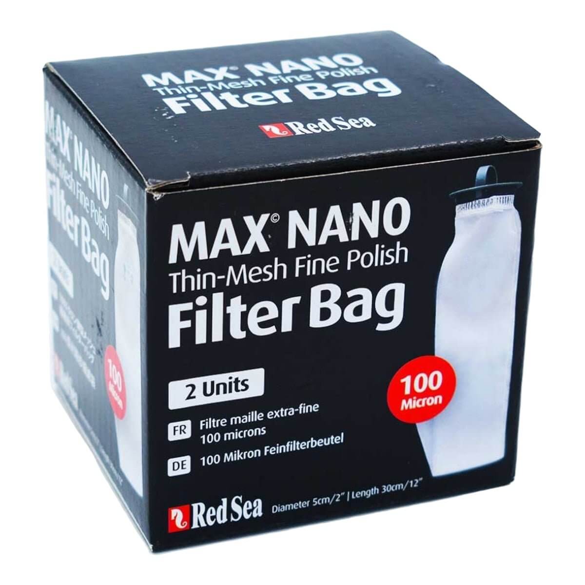 Red Sea Max Nano Replacement Filter Socks box featuring two fine mesh filter bags, each 100 micron, for aquariums.