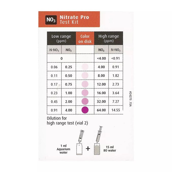 Red Sea Nitrate Pro (NO3) Test Kit color chart showing nitrate levels for accurate water testing in aquariums.