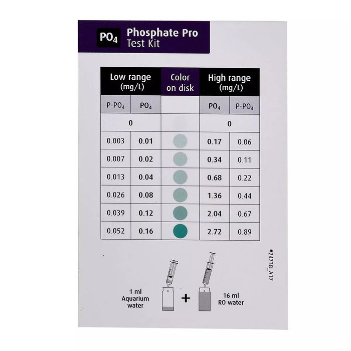 Red Sea Phosphate Pro Test Kit colorimetric chart showing phosphate levels for accurate aquarium testing.