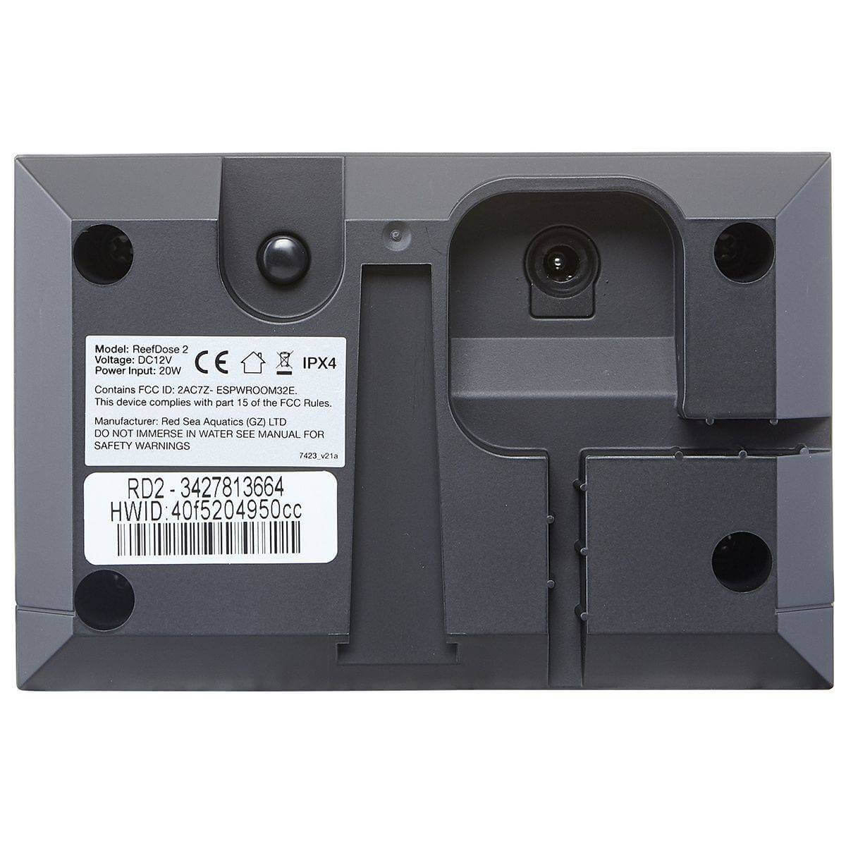 Back view of Red Sea ReefDose 2 Dosing Pump showing model details and port for optimal aquarium dosing accuracy.