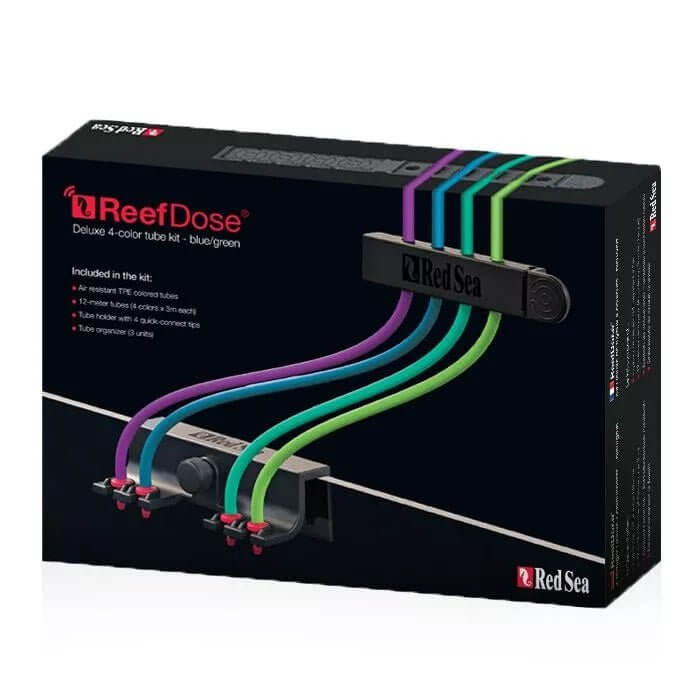 Red Sea ReefDose 4 Color Tube Kit in blue/green, showcasing air-resistant TPE tubes and quick-connect tube holder.