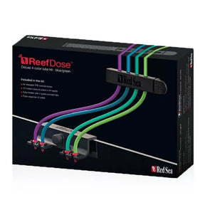Red Sea ReefDose 4 Color Tube Kit in blue/green, showcasing air-resistant TPE tubes and quick-connect tube holder.