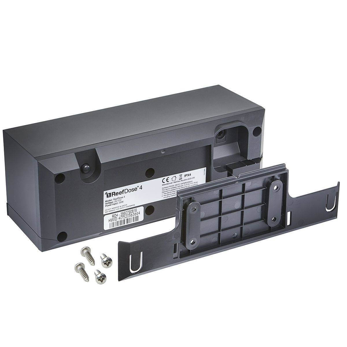 Red Sea ReefDose 4 dosing pump back view with mounting bracket and screws for aquarium use.