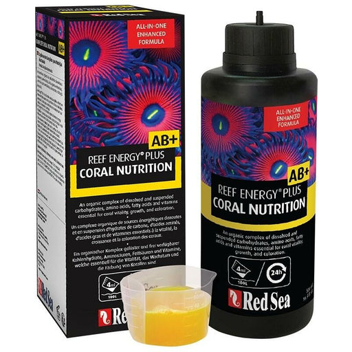 Red Sea Reef Energy AB Plus Coral Superfood bottle and packaging with nutrient-rich coral nutrition formula.