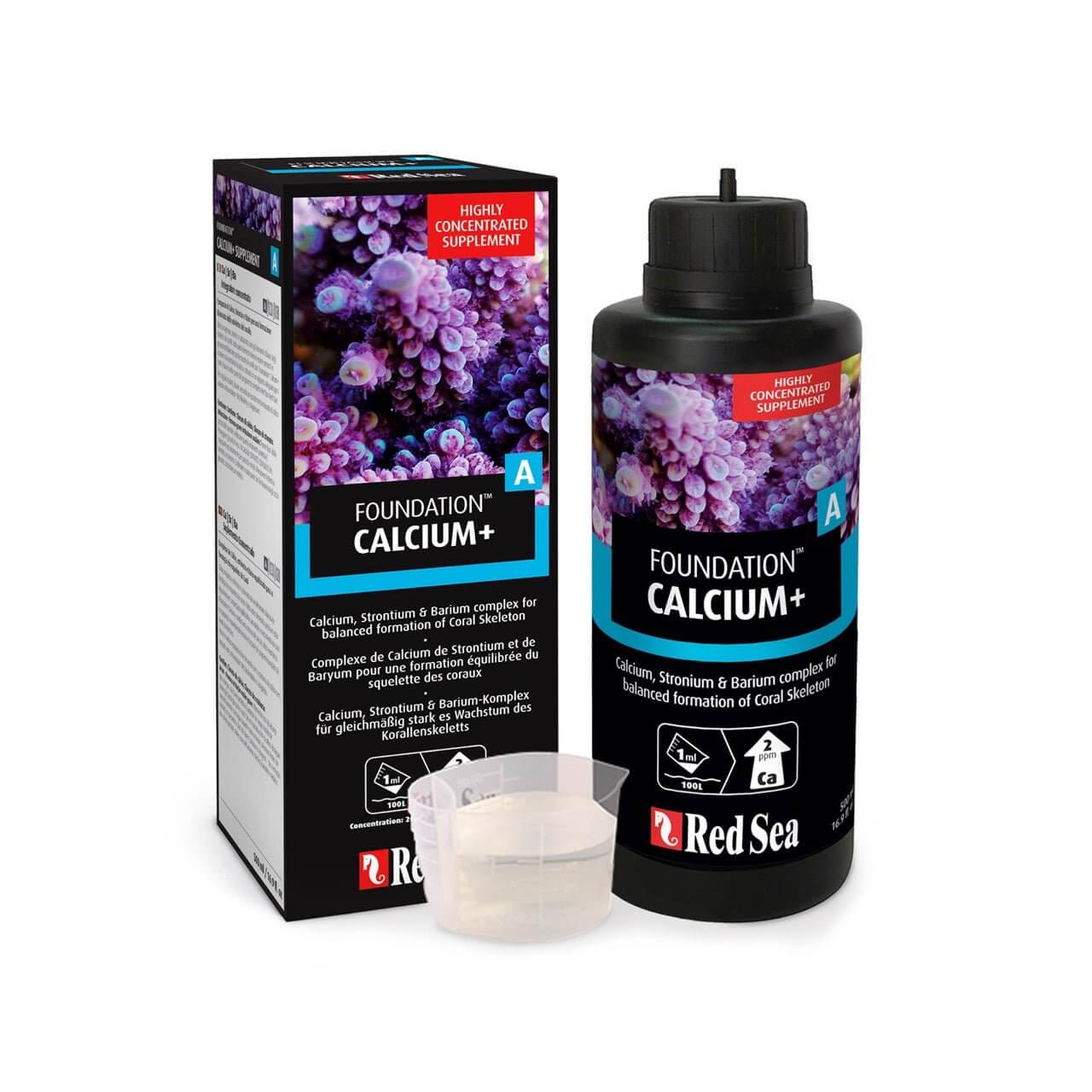 Red Sea Reef Foundation A Calcium supplement bottle and box for coral aquarium health maintenance.