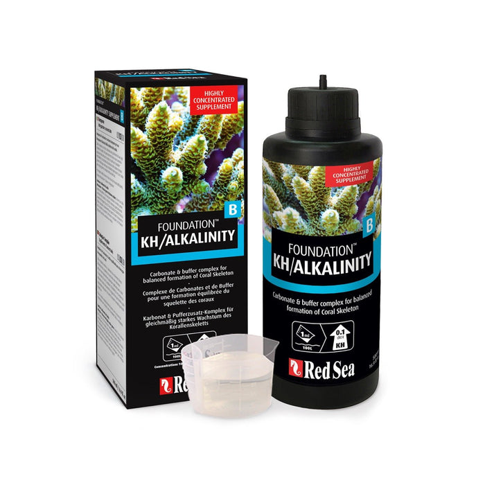 Red Sea Reef Foundation B Alkalinity supplement bottle and measuring cup for coral reef aquariums.