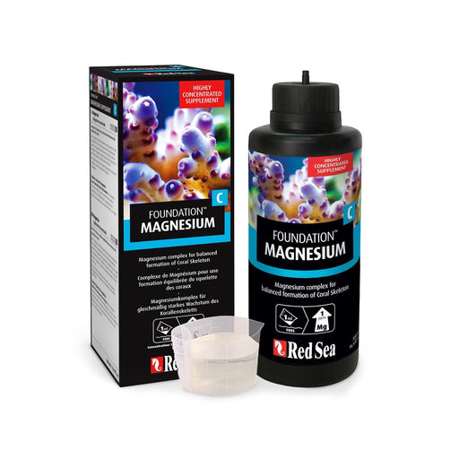 Red Sea Reef Foundation C Magnesium supplement for coral health with dosage cup, designed for optimal aquarium water stability.