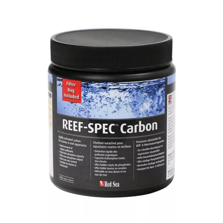 Red Sea REEF-SPEC Carbon jar for marine aquariums, featuring a filter bag and premium activated carbon for optimal filtration.